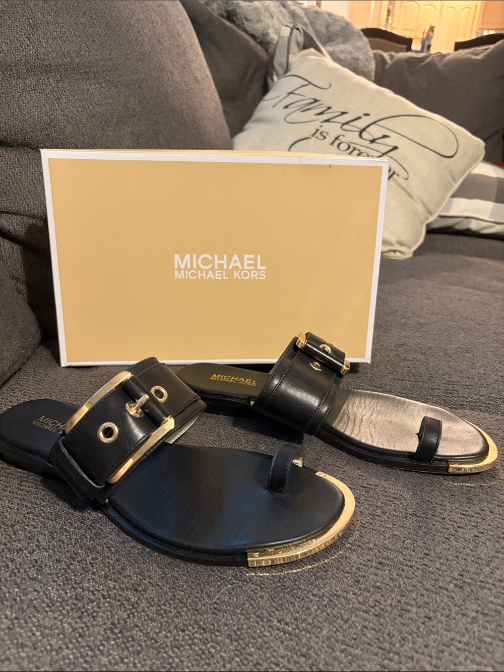 MICHAEL Michael Kors Black Leather Toe-Ring Slide Sandals with Gold Trim